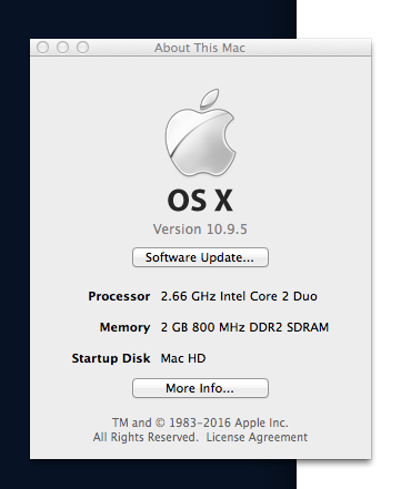 How to Reinstall Apple Music on Mac 2 Old ‘About This Mac’ window showing OS X 10.9.5 with Intel Core 2 Duo, 2 GB RAM