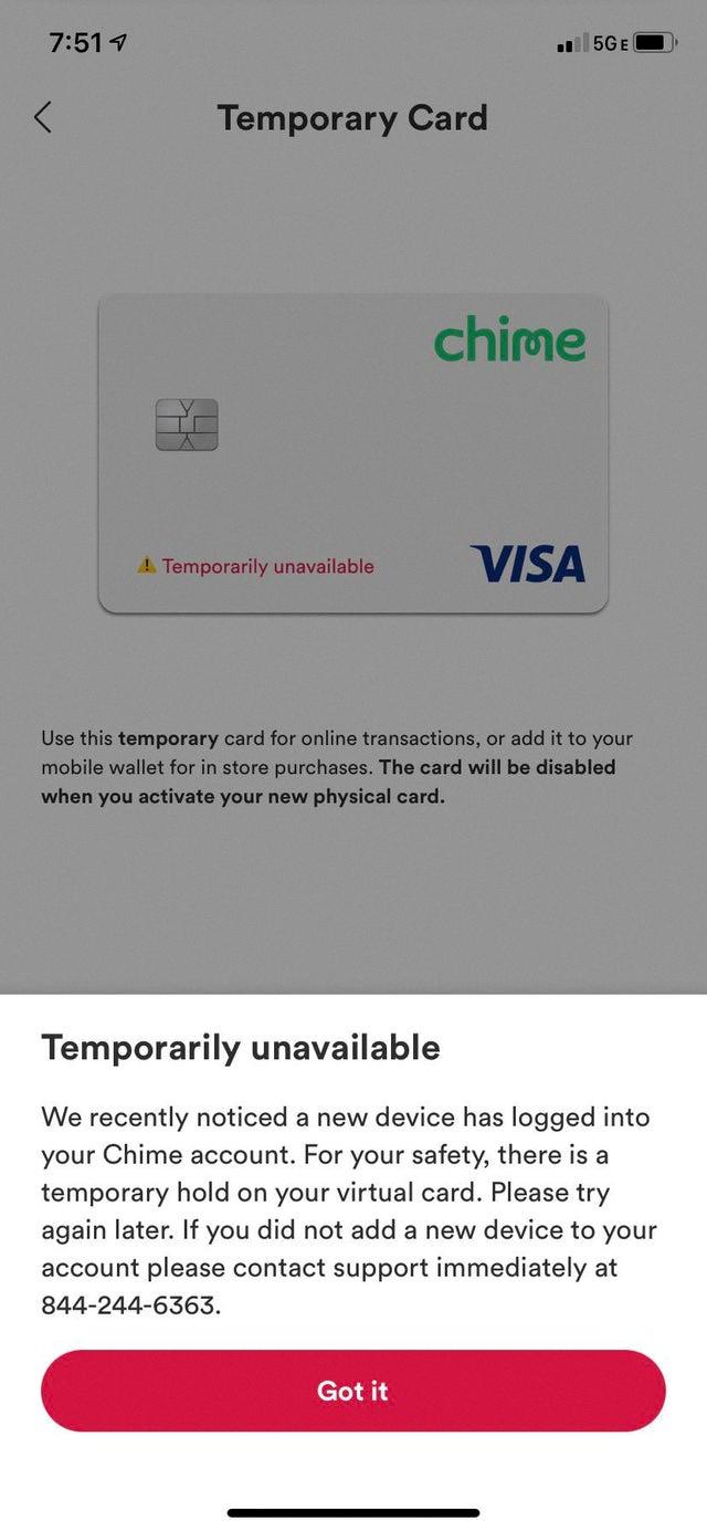 why is my chime temporary card unavailable
