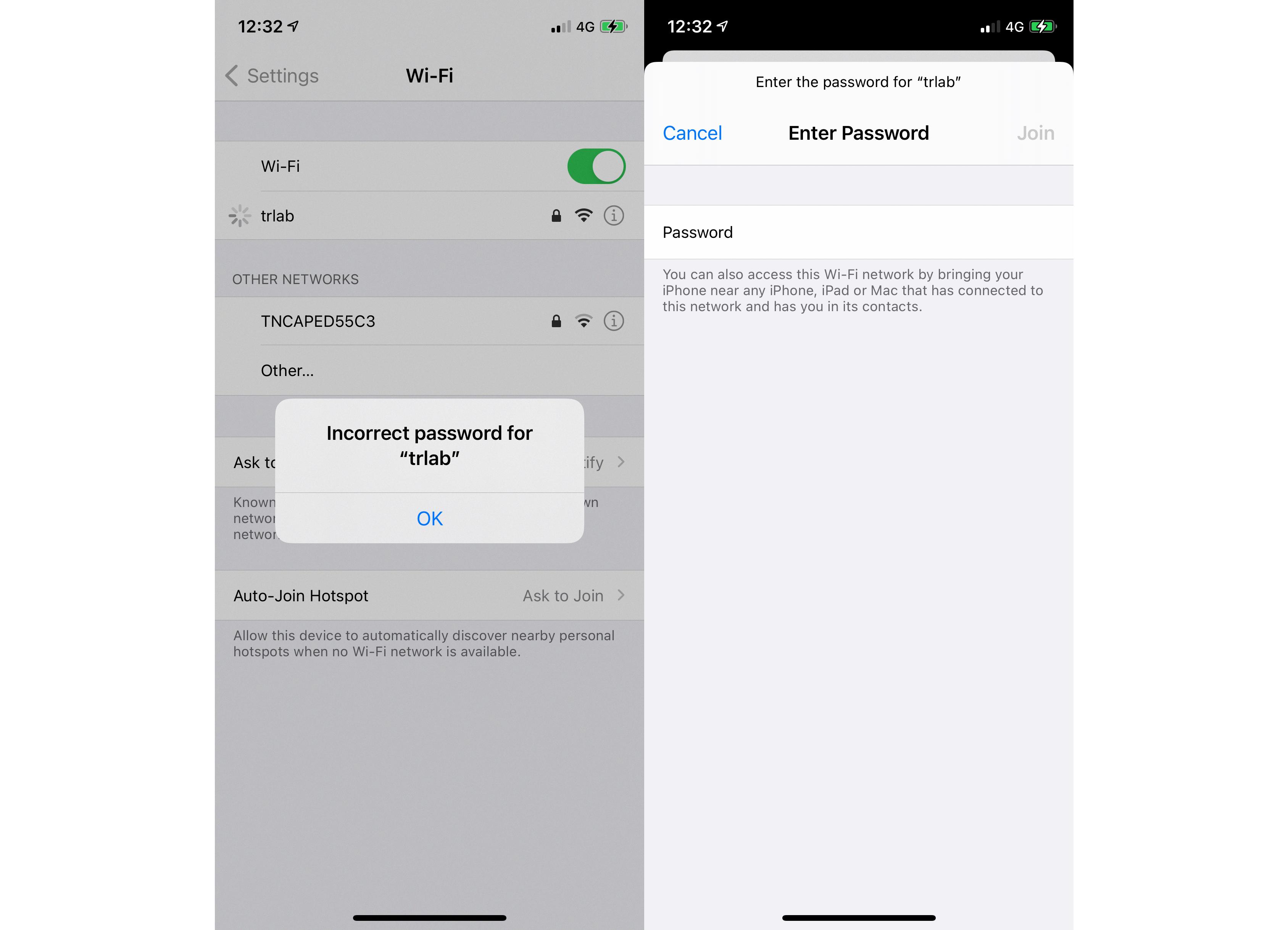 iphone incorrect wifi password