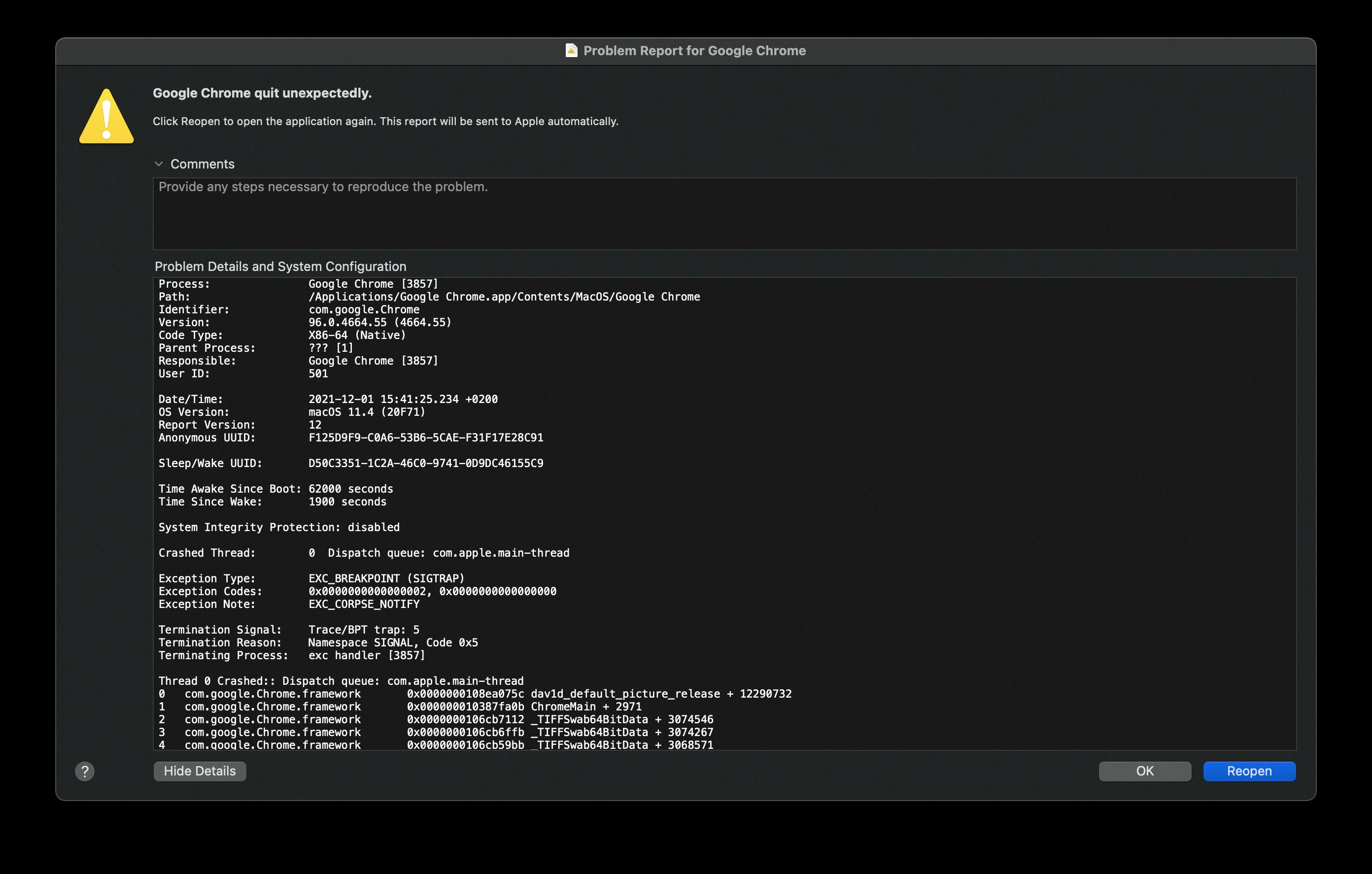 mac chrome crashing