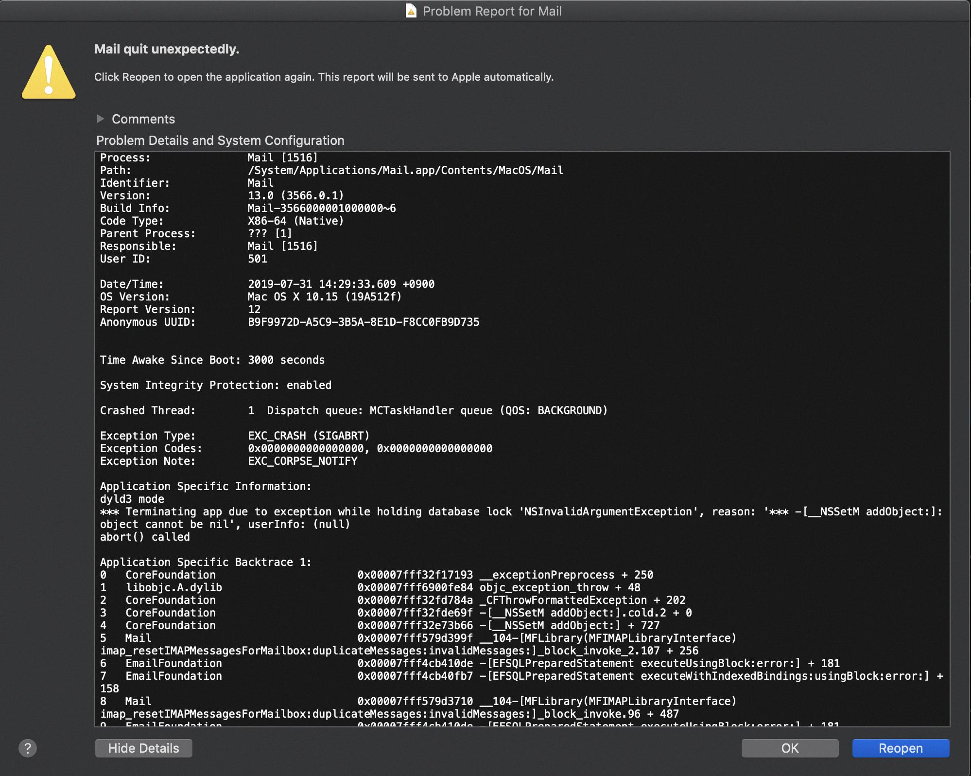 mail app crashes mac