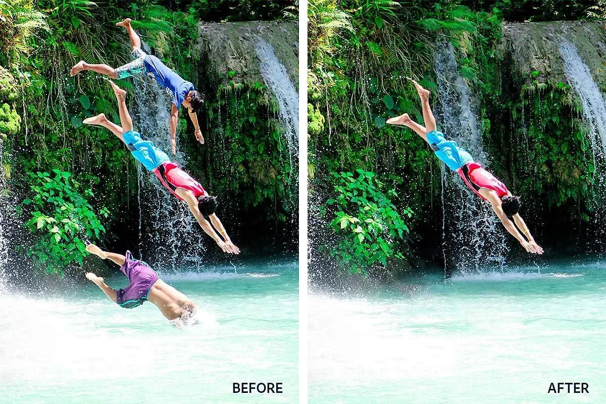 Before and after object removal: photobombers erased from a waterfall dive photo on iPhone