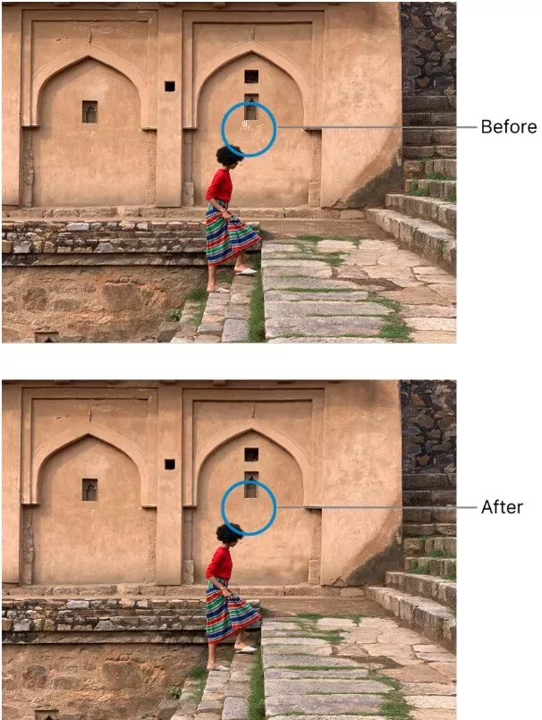 Apple Photos example showing an object erased from a wall—before and after cleanup on iPhone