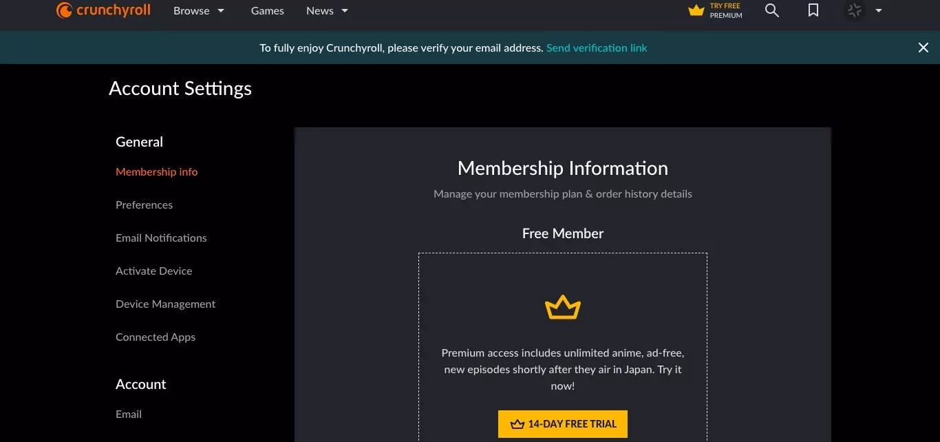 Funimation Not Working -Troubleshooting Guide 7 Shows your membership status (Free Member or Premium trial).