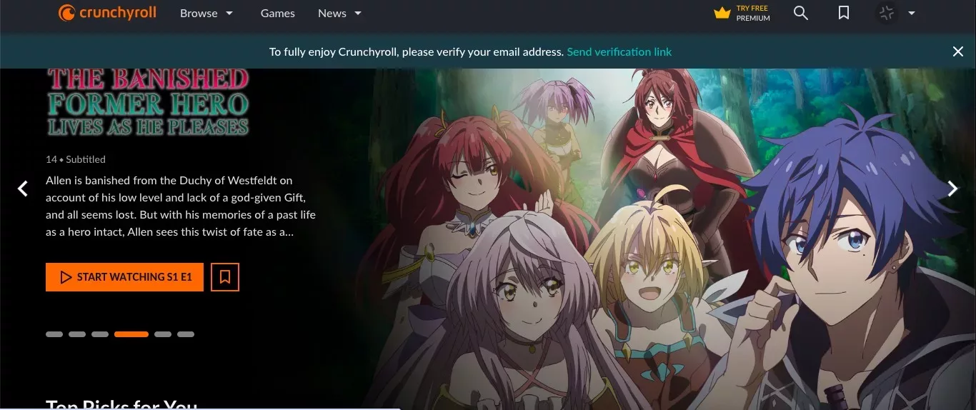 Funimation Not Working -Troubleshooting Guide 2 Displays the Crunchyroll homepage with anime titles available for streaming.