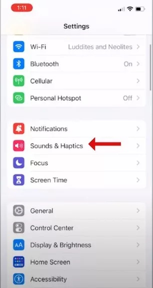 iPhone Settings > Sounds & Haptics menu for fixing low volume on iPhone