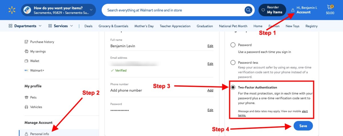 Walmart account settings enable two-factor authentication (2FA) with step-by-step instructions.