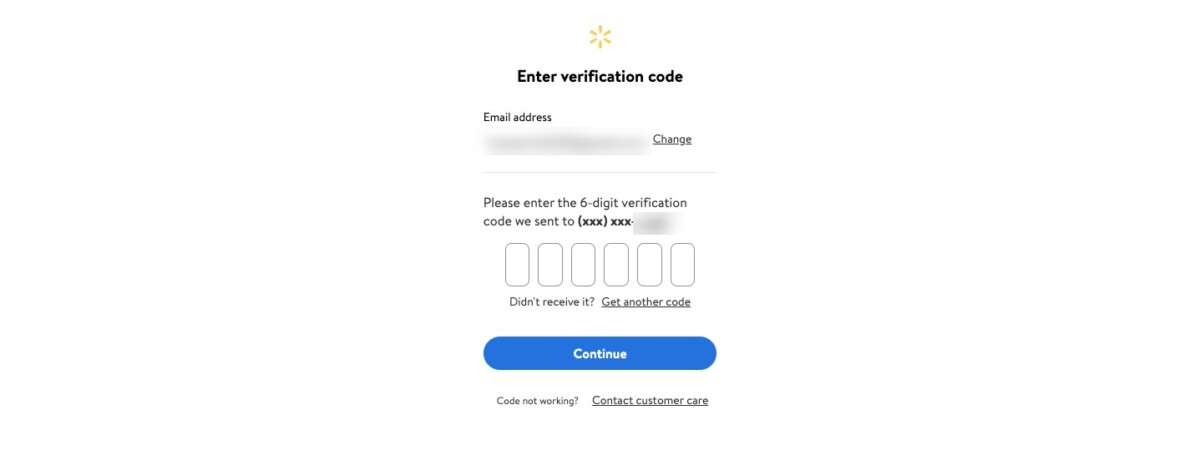 Walmart verification screen enter six-digit code sent to email or phone to confirm account login