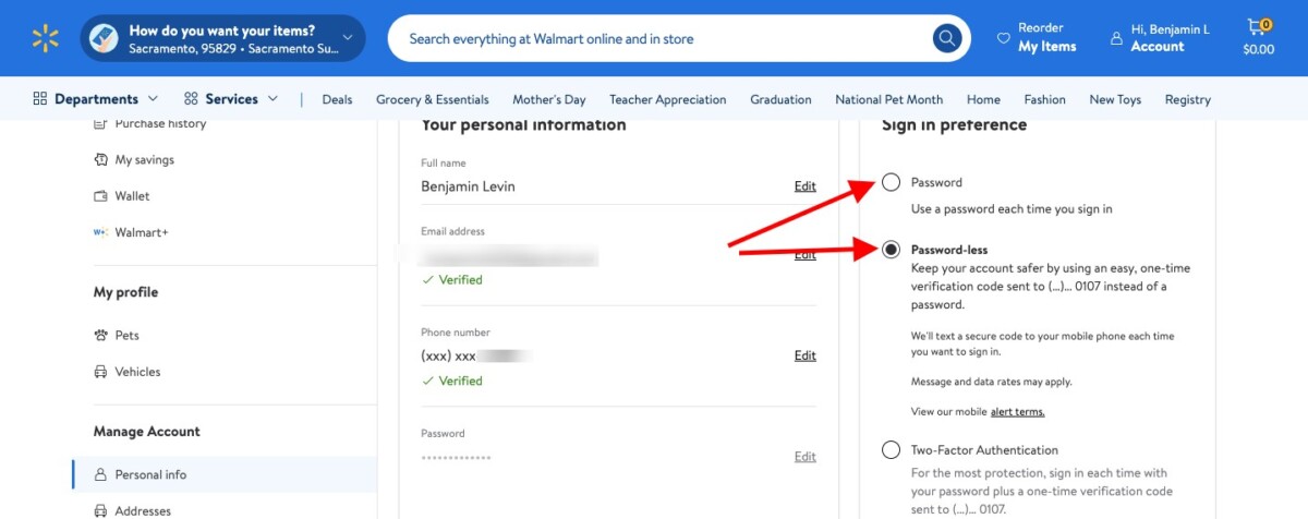 Walmart sign-in preferences showing password-less login and 2FA security options for your account.