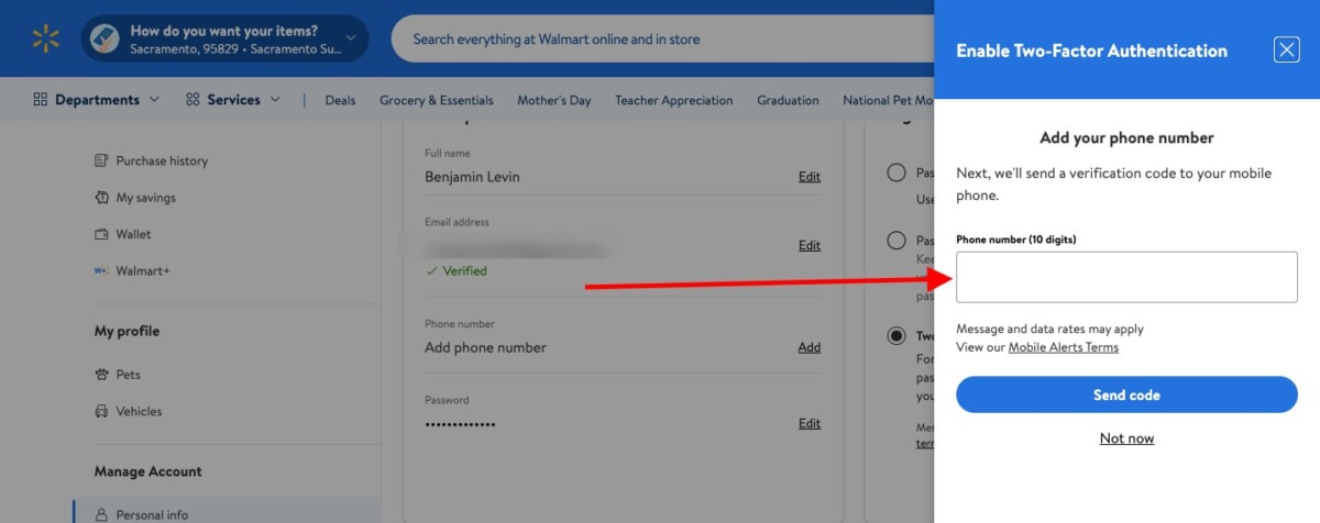Add phone number popup to turn on Walmart two-factor authentication and receive verification codes