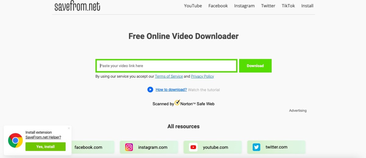 KVS Player Downloader Chrome 6 SaveFrom.net free online video downloader webpage with URL input box and supported social platforms