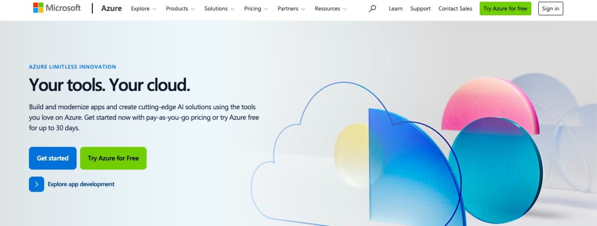 Microsoft Azure homepage with ‘Your tools. Your cloud.’ and Try Azure for free button.