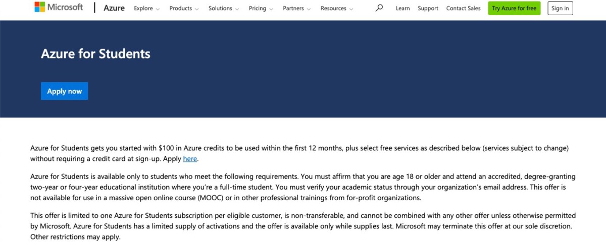 Azure for Students page highlighting $100 credit and no credit card requirement.