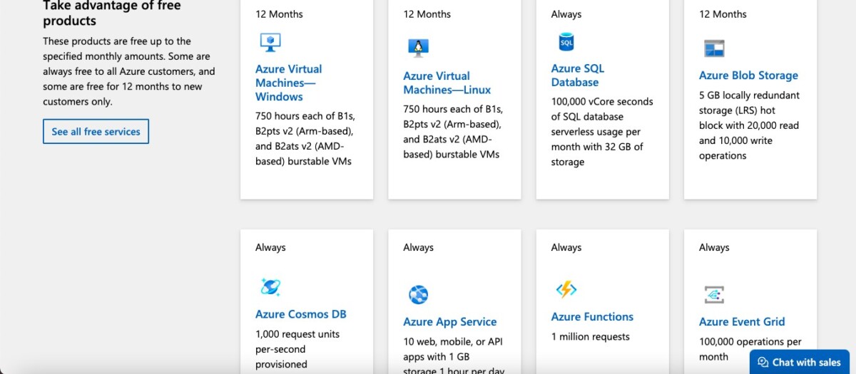 Azure Free Tier products list including Virtual Machines, SQL Database, and Blob Storage