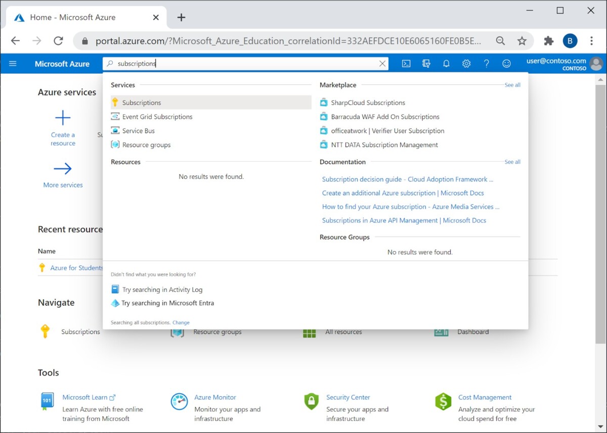 Azure portal search bar with ‘subscriptions’ query to manage Azure subscriptions.