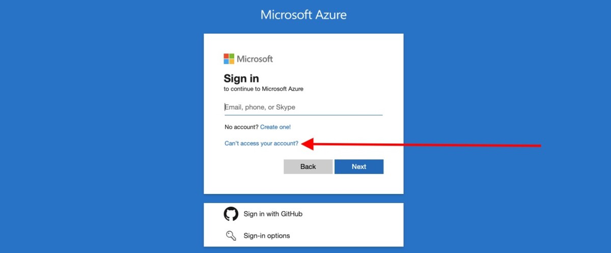 Microsoft Azure sign-in screen with ‘Can’t access your account?’ link