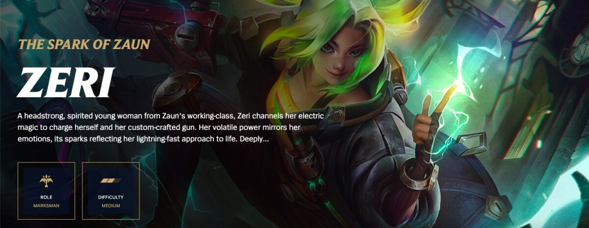Zeri, The Spark of Zaun League of Legends electric marksman splash art with green hair and glowing energy.