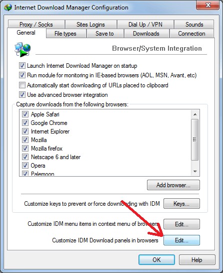 KVS Player Downloader Chrome 3 Internet Download Manager configuration window—browser/system integration settings with capture options enabled