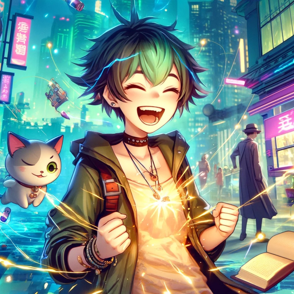 Zeri-inspired anime artwork smiling green-haired girl in a neon cyberpunk city with electric sparks.