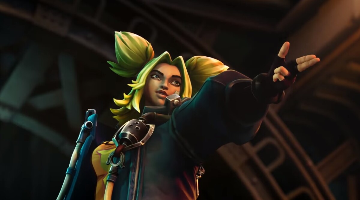 Zeri cinematic still League of Legends Zaunite champion pointing, close-up character render