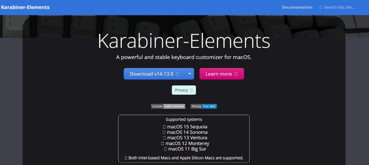 Karabiner-Elements keyboard remapping software download page on macOS