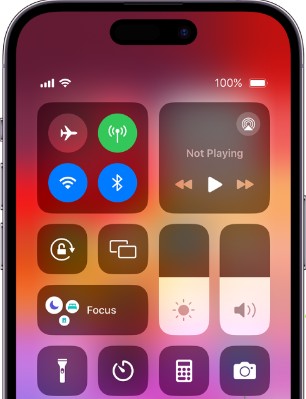 iPhone control center showing Wi-Fi, Bluetooth, Airplane mode, and brightness settings