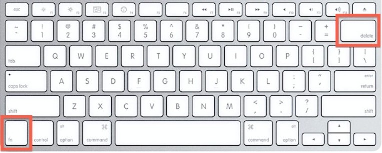 Mac keyboard showing Fn + Delete forward-delete shortcut