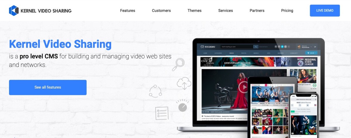 KVS Player Downloader Chrome 1 Kernel Video Sharing (KVS) homepage showing pro video CMS for building and managing video websites across desktop, tablet and mobile