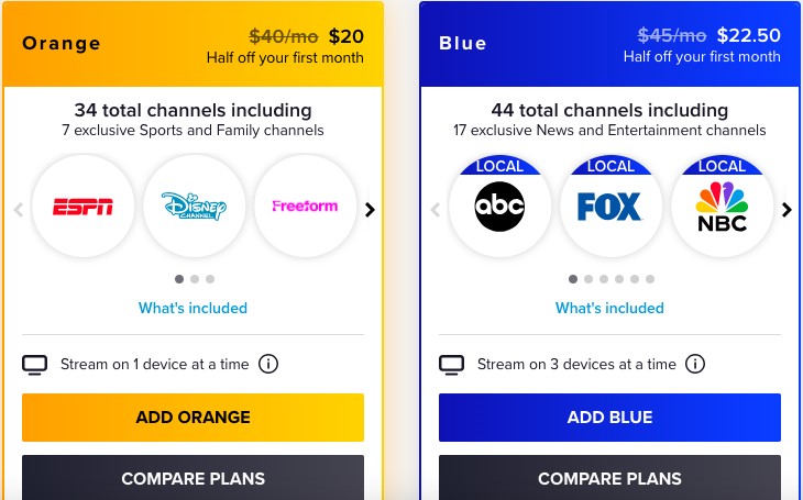 Sling TV Orange and Blue package comparison showing channels and pricing.
