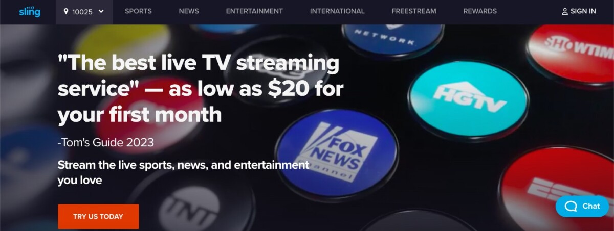 Sling TV homepage promoting best live TV streaming service with $20 first-month offer.