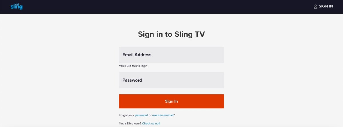 Sling TV sign-in page with email and password fields for account access.