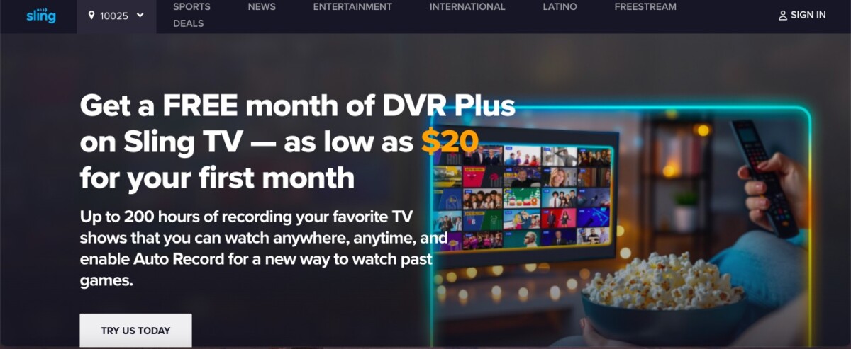 Sling TV promotion for free DVR Plus month with $20 first-month offer.