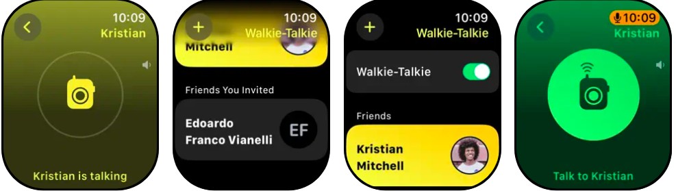 Apple Watch Walkie-Talkie app screens showing contacts, toggle, and push-to-talk interface