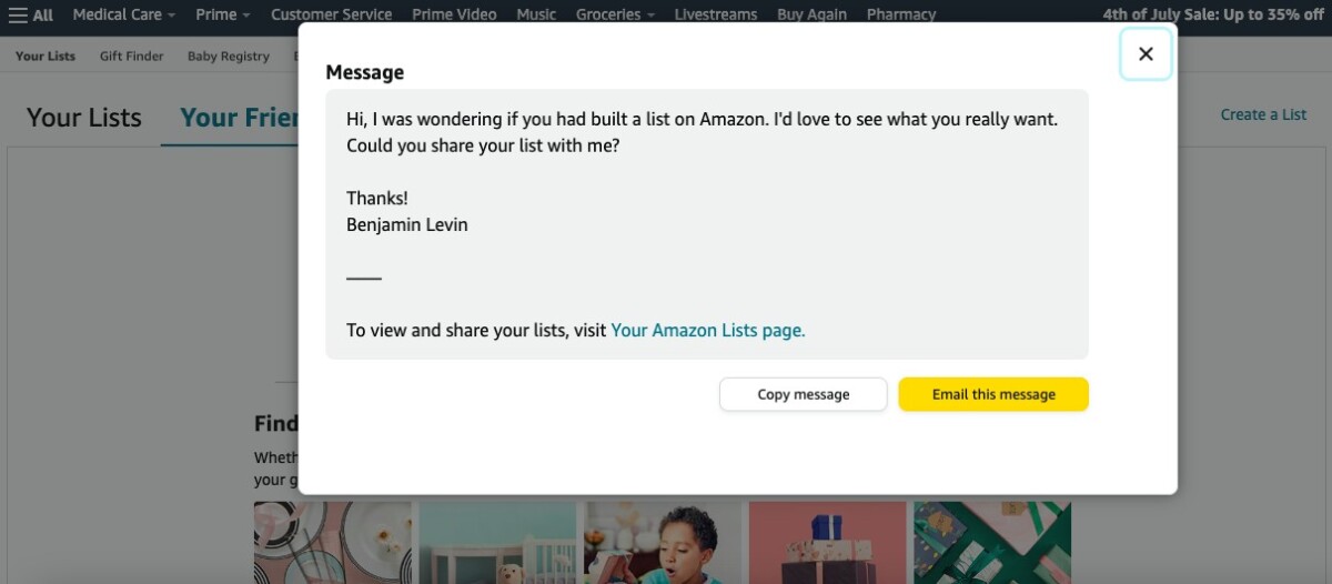 Amazon account and lists dropdown menu showing wish list, shopping list, and order options