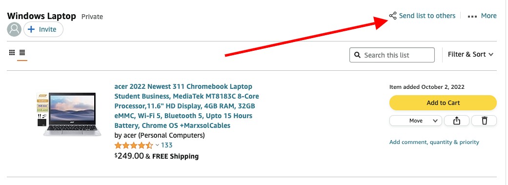 Amazon wishlist with Windows laptop item and send list to others option
