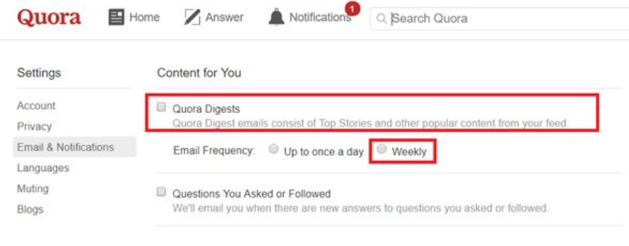 36 Facts About Quora - Quora Digest 2 Quora settings page highlighting “Email & Notifications” and Weekly Quora Digest option
