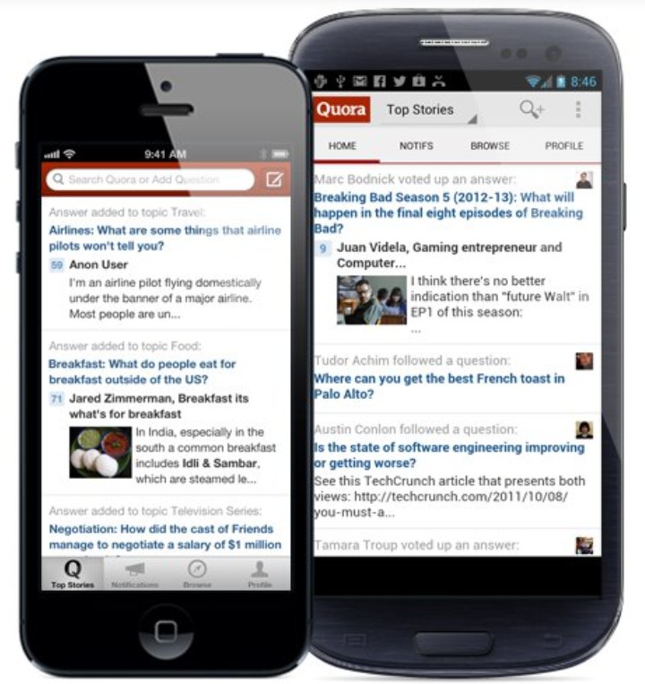 36 Facts About Quora - Quora Digest 4 Quora mobile app feed shown on two smartphones with Top Stories and notifications