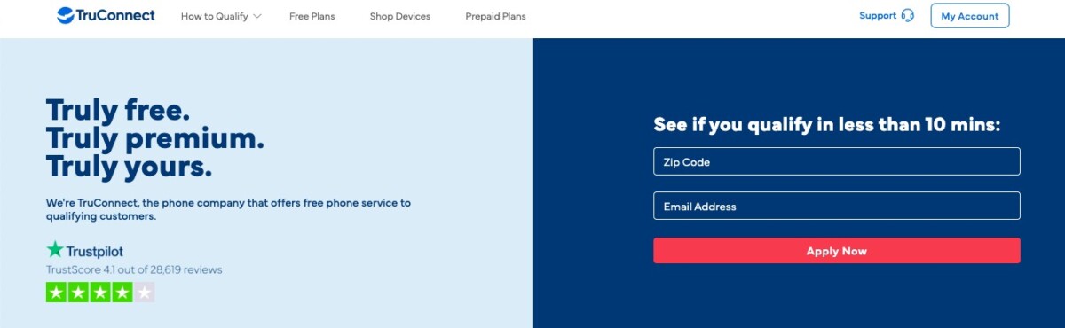 TruConnect homepage—check eligibility for free Lifeline phone service by ZIP code.