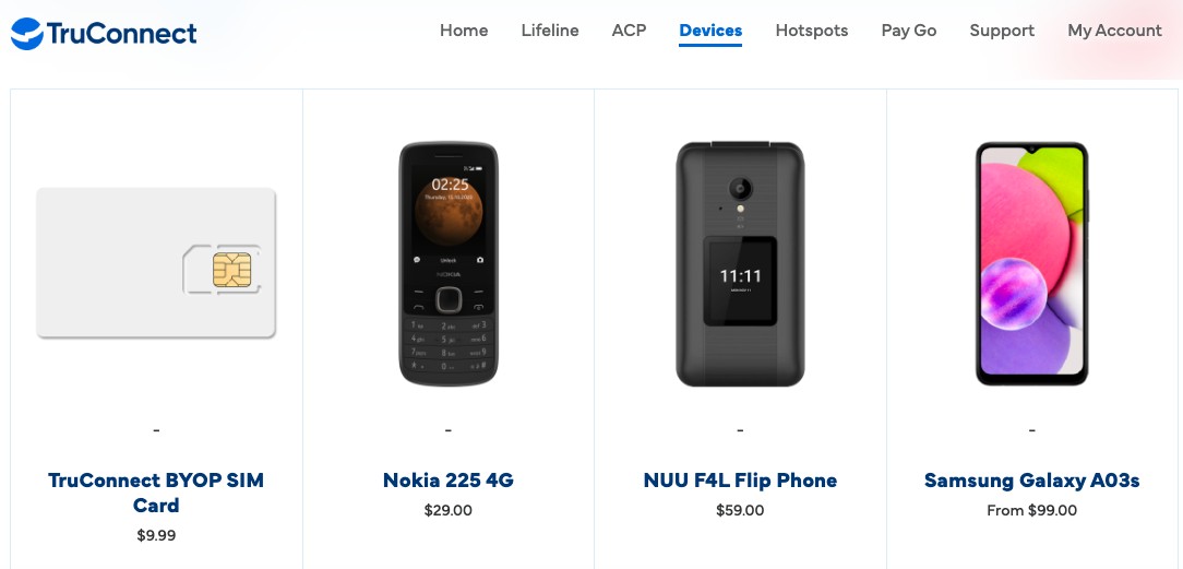 TruConnect devices page showing BYOP SIM, Nokia 225 4G, NUU flip, and Galaxy A03s.