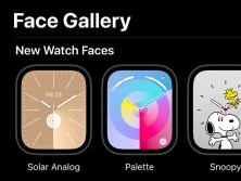 Apple Watch face gallery showing new watch faces Solar Analog, Palette, and Snoopy