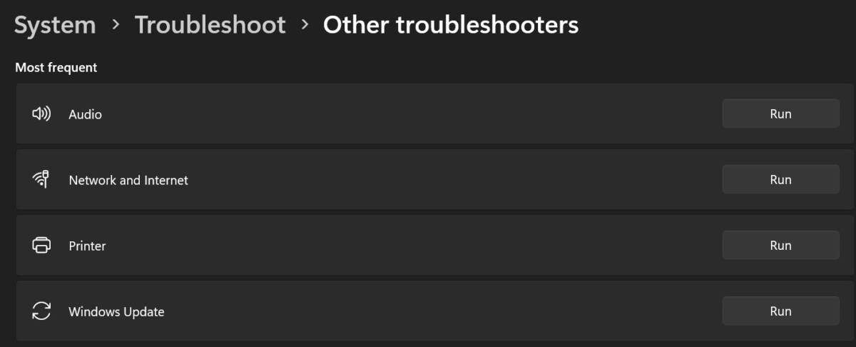 Windows 11 troubleshoot menu showing audio, network, printer, and update options