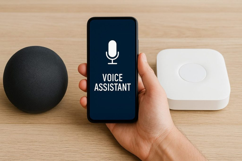 Voice assistant modules on a wooden table with a generic app being held between the two systems.