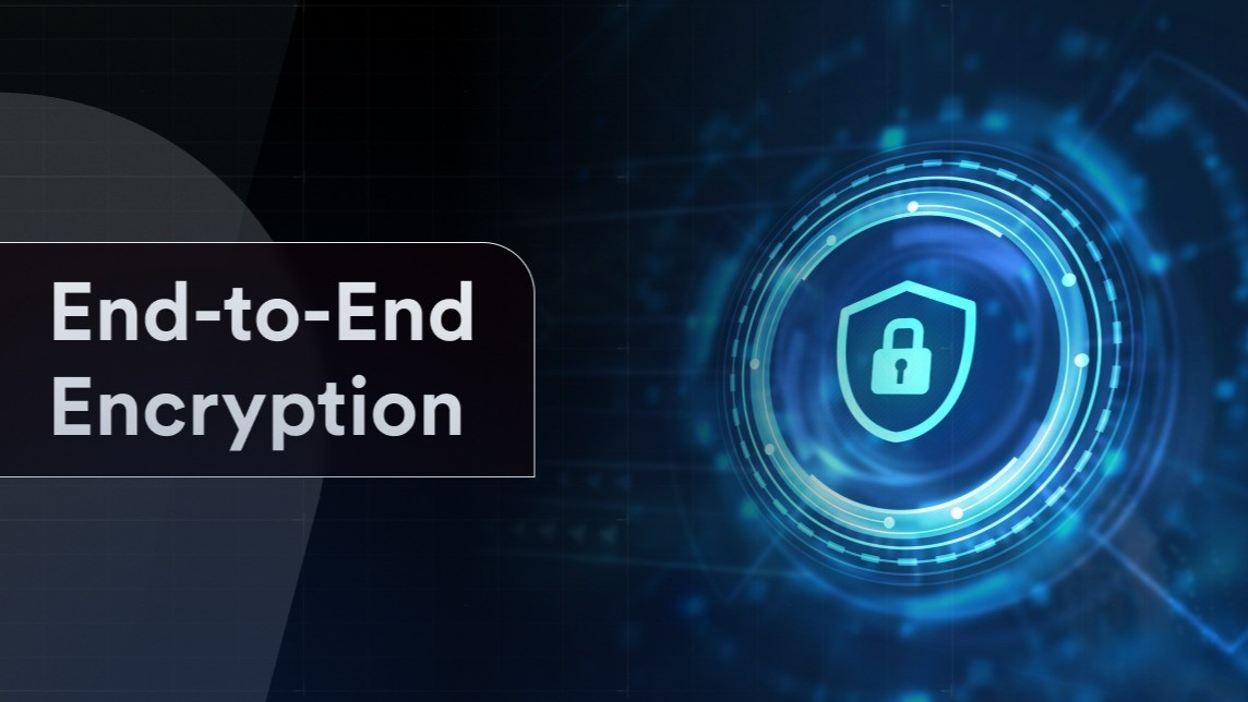 A cyber security themed diagram with the writing saying End-to-End Encryption.
