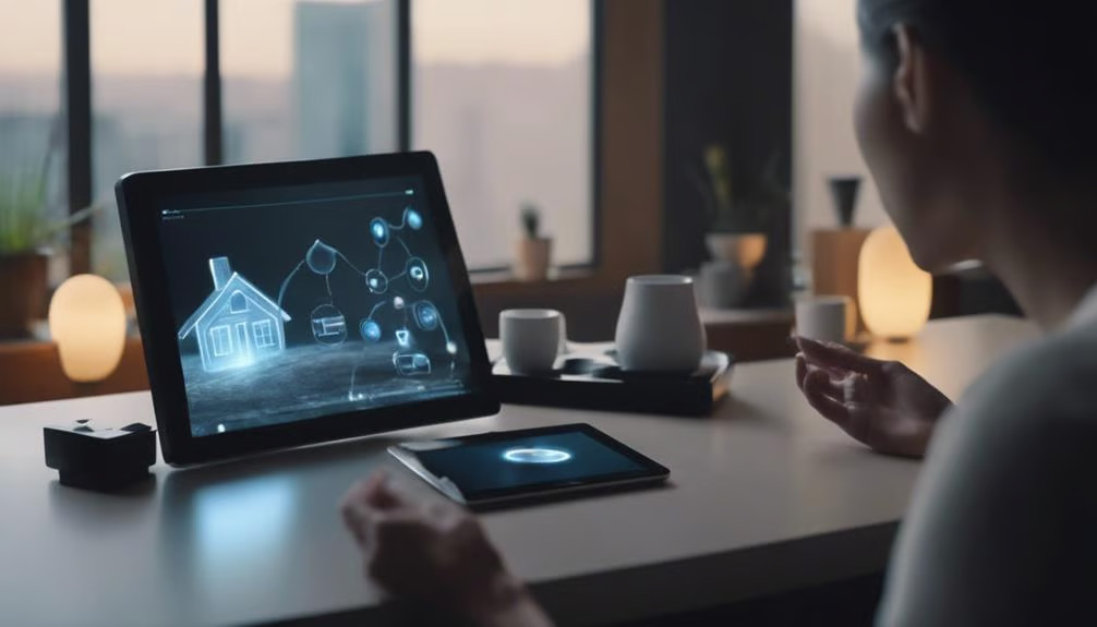 A woman using a touch pad device with a diagram of a connected home on it.